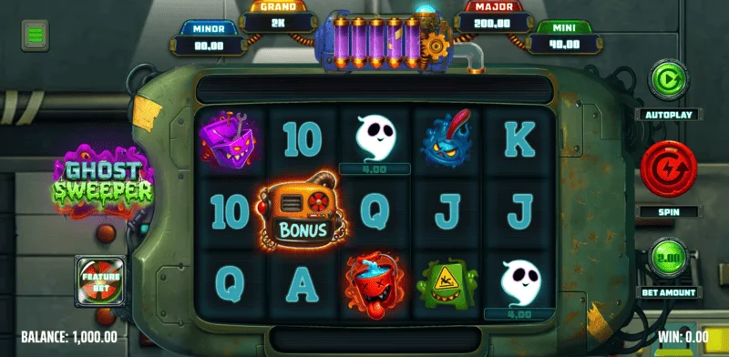 Ghost Sweeper - huvudspelskärmen med ett 5x3-rutnät